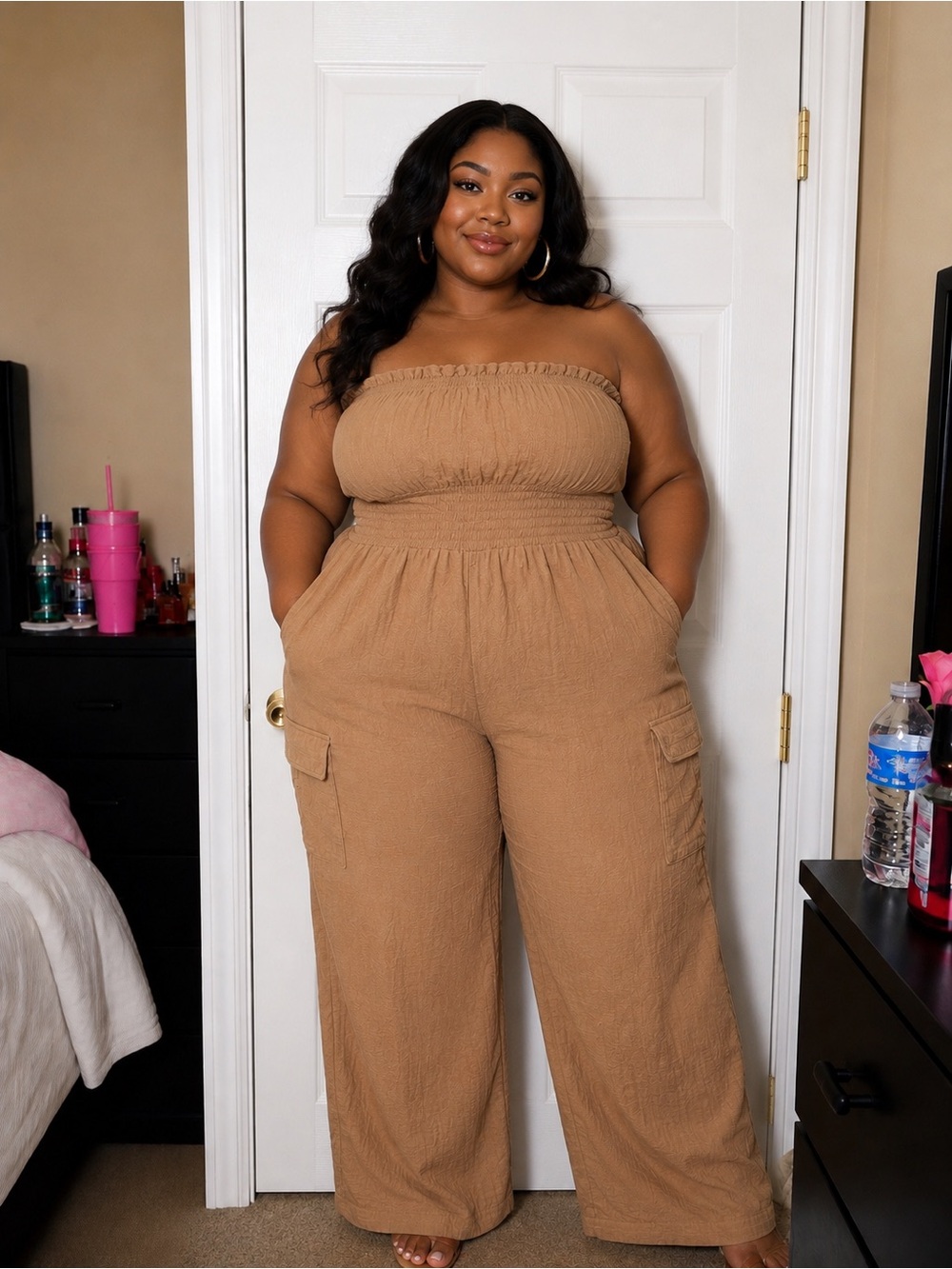Cargo Jumpsuit in Camel 3X - Picture 1 of 5